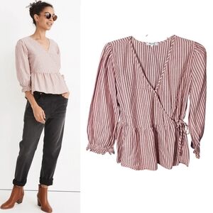 Madewell Puff-Sleeve Peplum Wrap Striped 3/4 Ruffle Sleeve Top Sweet Tulip Large